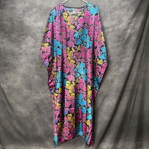 Winlar Kaftan Dress MuuMuu Womens One Size Pink Blue Stones Print Satin Coverup